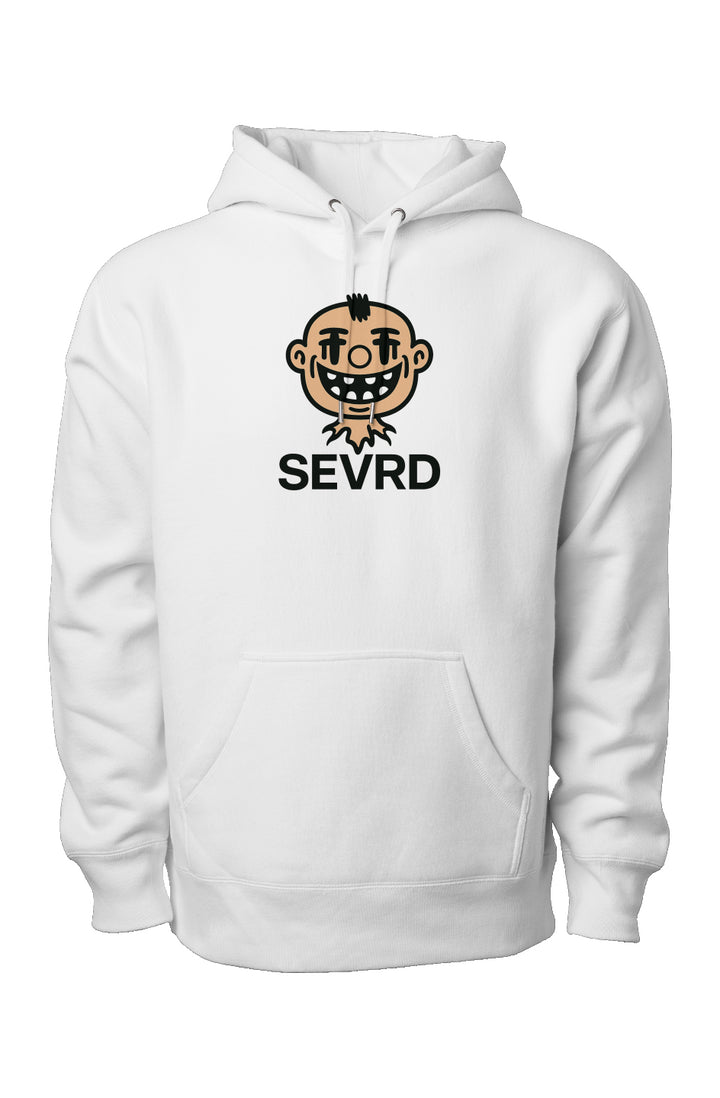 White hoodie with the SEVRD Head logo printed on the chest. The design features a cartoon-style decapitated smiling head with jagged neckline.