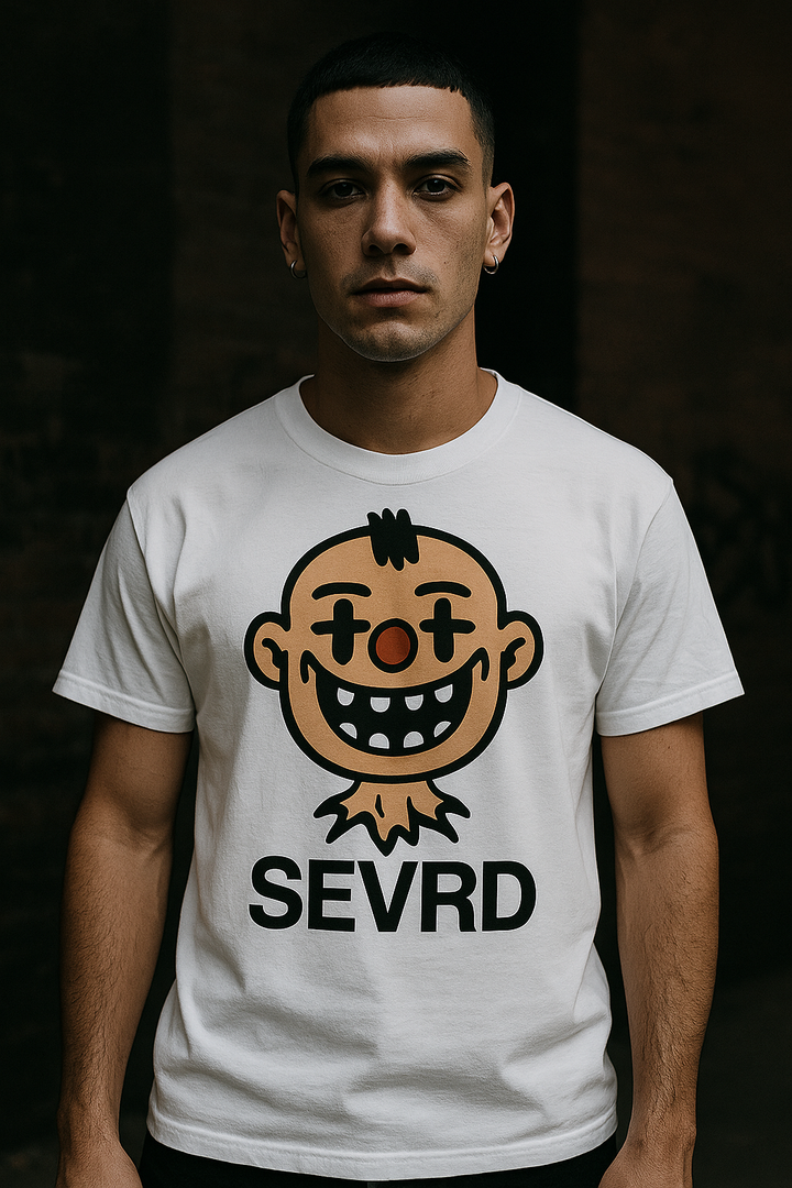 Model wearing SEVRD Head Tee – WHITE shirt with decapitated glitch smile logo, unisex cut
