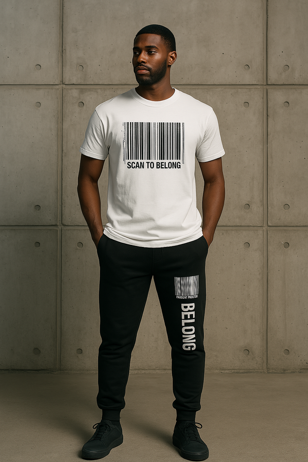 Model wearing cream SEVRD Scan to Belong Tee with glitch barcode graphic and “Identity is Optional” print