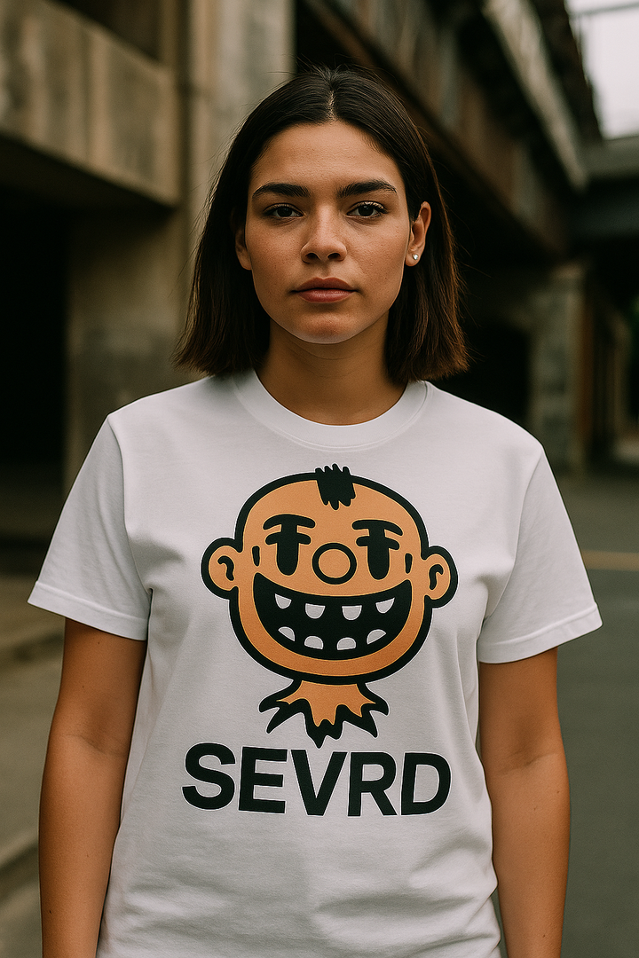 Model wearing SEVRD Head Tee – WHITE shirt with decapitated glitch smile logo, unisex cut

