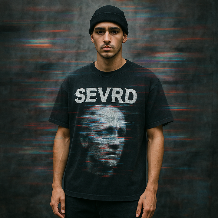 A young male model in a black beanie wears a washed black SEVRD oversized t-shirt featuring a large glitched face graphic beneath cracked SEVRD text, with horizontal static lines across the shirt. Background features glitch-like motion blur.